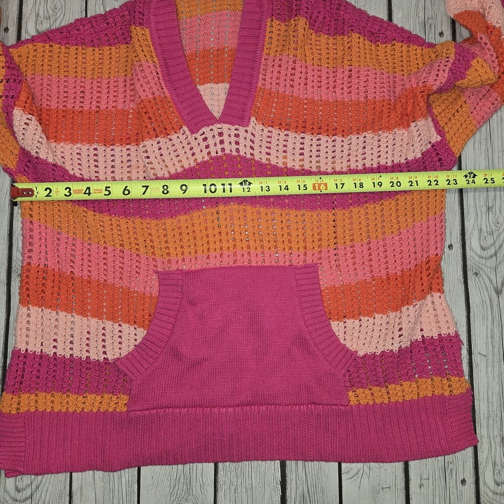 Free Assembly Striped Pink & Orange Crochet Hooded Sweater Womens Size XL - Picture 4 of 8